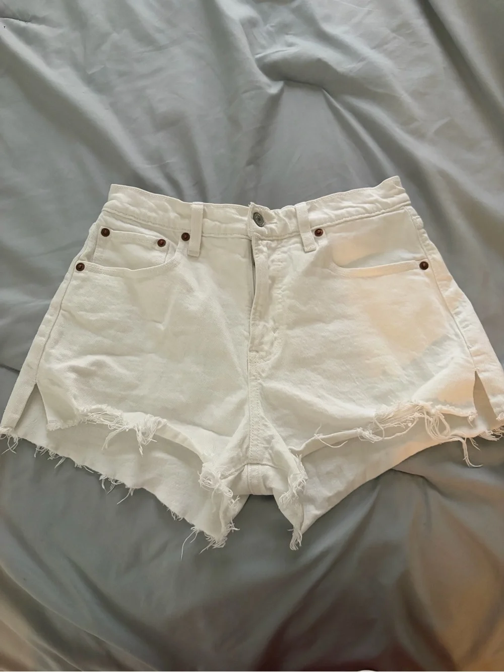 Abercrombie & Fitch White Distressed “The Mom Short” Denim Shorts